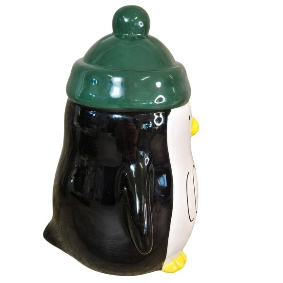 Rae Dunn COZY Penguin w Green Pom Pom Hat Winter Holiday Decor 8" - Picture 2 of 10